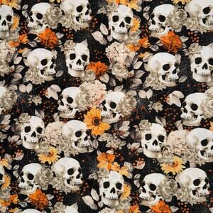 Skulls, Spider Webs & Fall Floral Cotton Fabric - 1/2 Yard - Halloween, Harvest